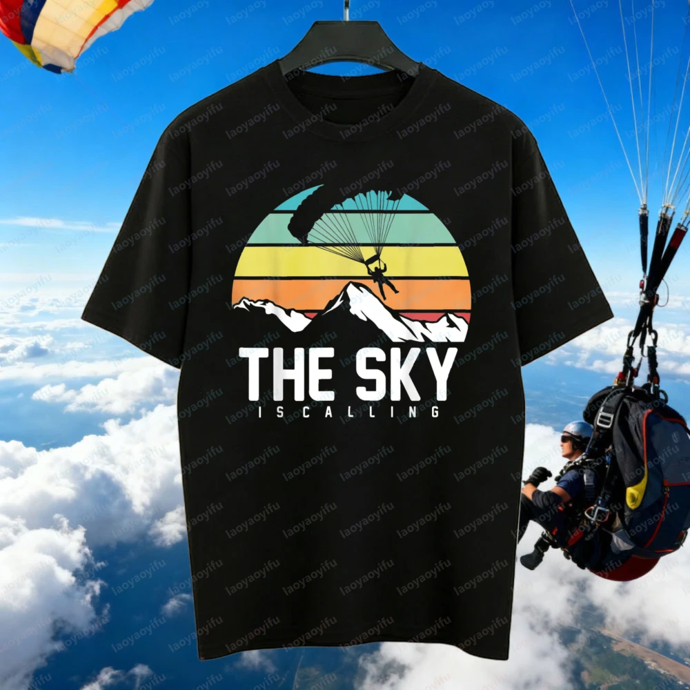 The Sky Is Calling Stunning Mountain Skydive Silhouette Art Shirt for Men Women Popular Skydiver Tee Outdoors Vintage Streetwear