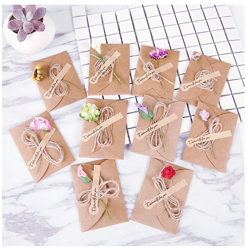 

10pcs Vintage Kraft Paper Greeting Cards Diy Dried Flower Thank You For Mom Friends Family New Year Christmas Gift Large Size