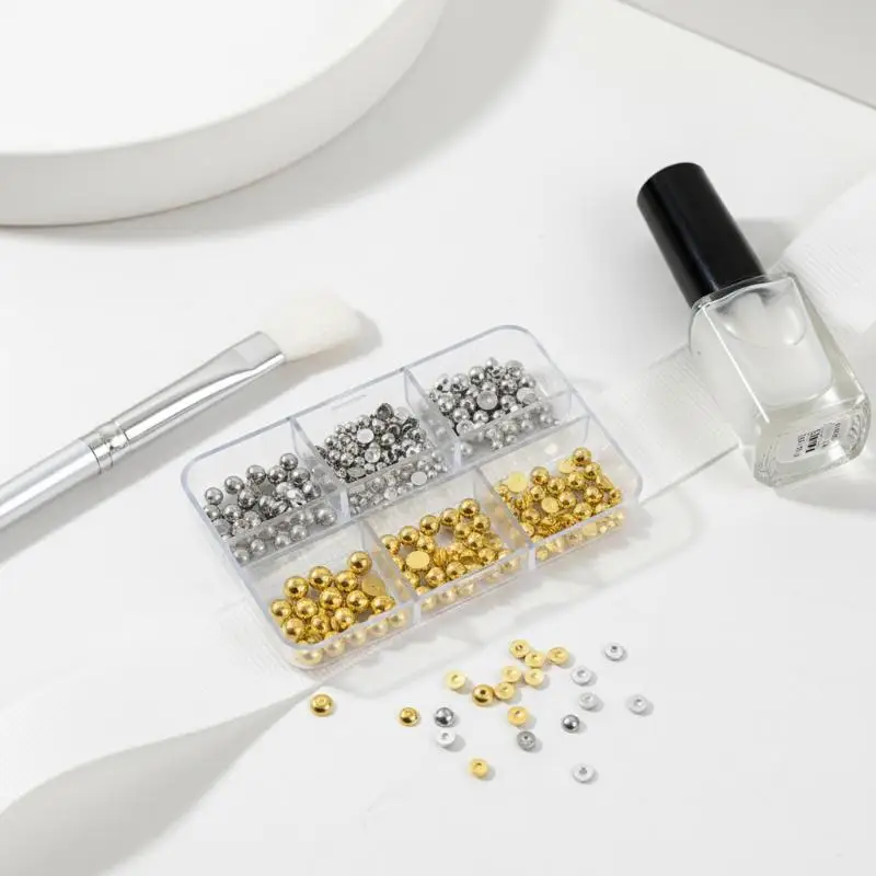 6 Grids Mixed Semi-circular Pearl Nail Charms Gold And Silver Manicure Accessories DIY Nail Salon Manicure Decoration