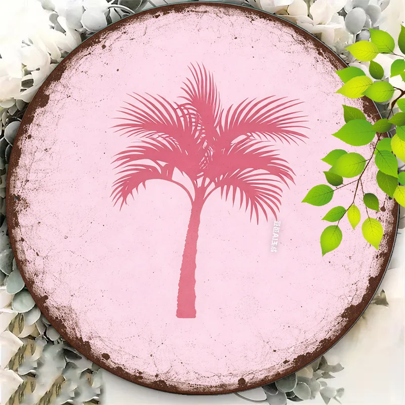 2D Flat Round Sign, Vintage Plaque with Tropical Pink Palm Tree Design, Hawaiian Style Decorative Sign,Suitable for Beach Houses