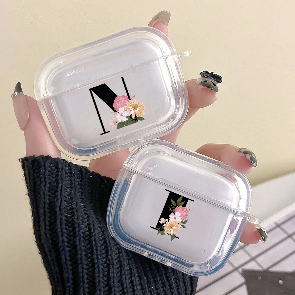 Earphone Case For Airpods 4 3 2 1 Pro3 Pro2 With Keychain Flower Letters N I For Airpods 4 Charging Clear Cover