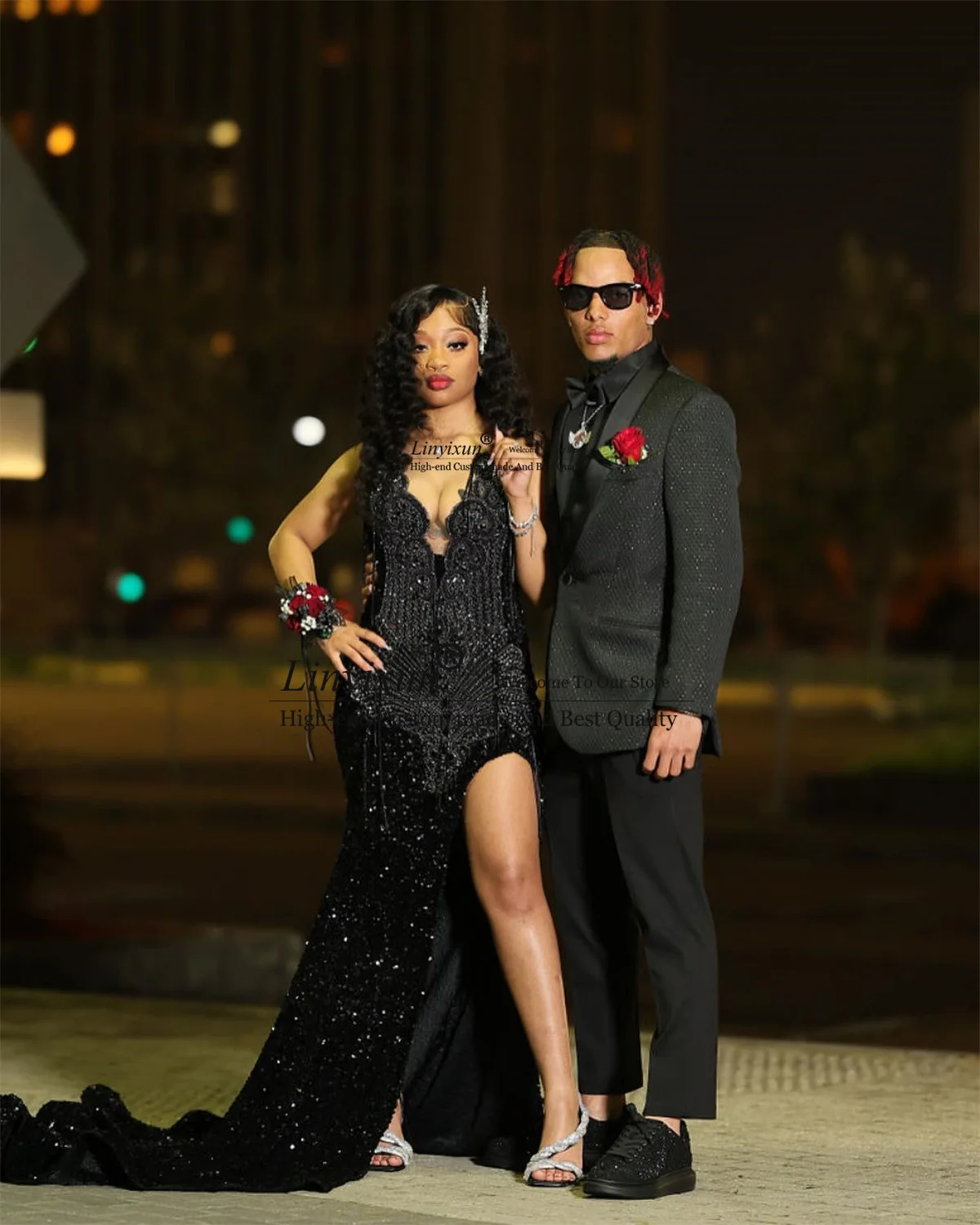 반짝이는 스팽글 인어 무도회 원피스, 아프리카 다이아몬드 구슬 장식, 격식 있는 파티 갈라 가운, 슬릿 이브닝 로브