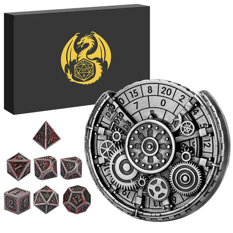 7pcs/set Metal Polyhedral Dices with Gear Spinner 7-in-1 Dice Turnable Rotating Roller for Role Play Game Accessory Wedding Set