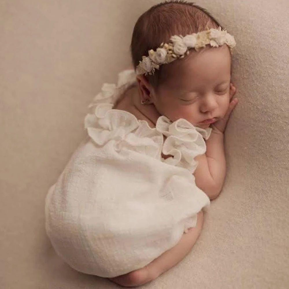 Newborn Photography Prop Set White Ruffle Romper with Headband Baby Photo Shoot Outfit 0-3 Months Newborn Portrait