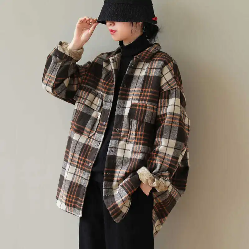 Plus size feminino inverno irt coreano sle solto artístico xadrez casaco de lã cordeiro veludo thiened blusa feminina outerwear