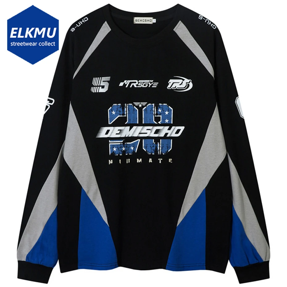 

2024 Men's Streetwear Hip Hop T Shirts Letter Printed Patchwork Oversized Harajuku Long Sleeve T-shirt Black White Loose Tee Top