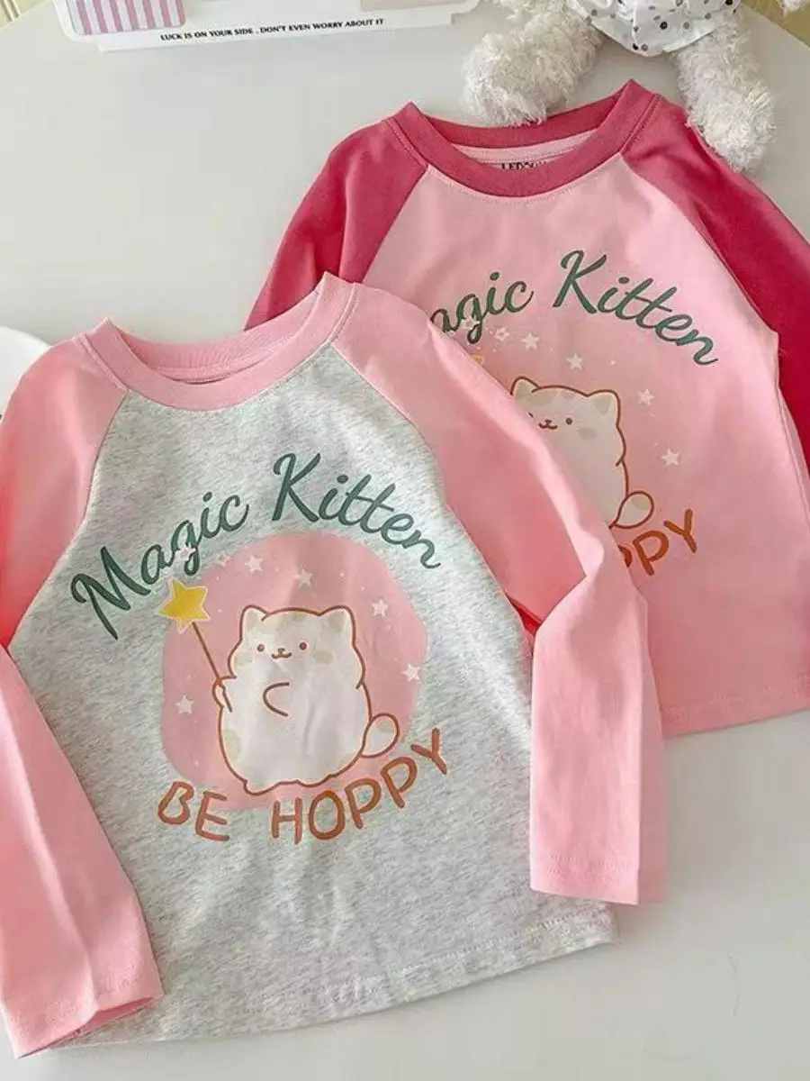 Frühling Herbst Mädchen Baumwoll-T-Shirt Langarm Rundhals Lässig Vielseitig Basisschicht Kinder Reine Baumwolle Rundhals...