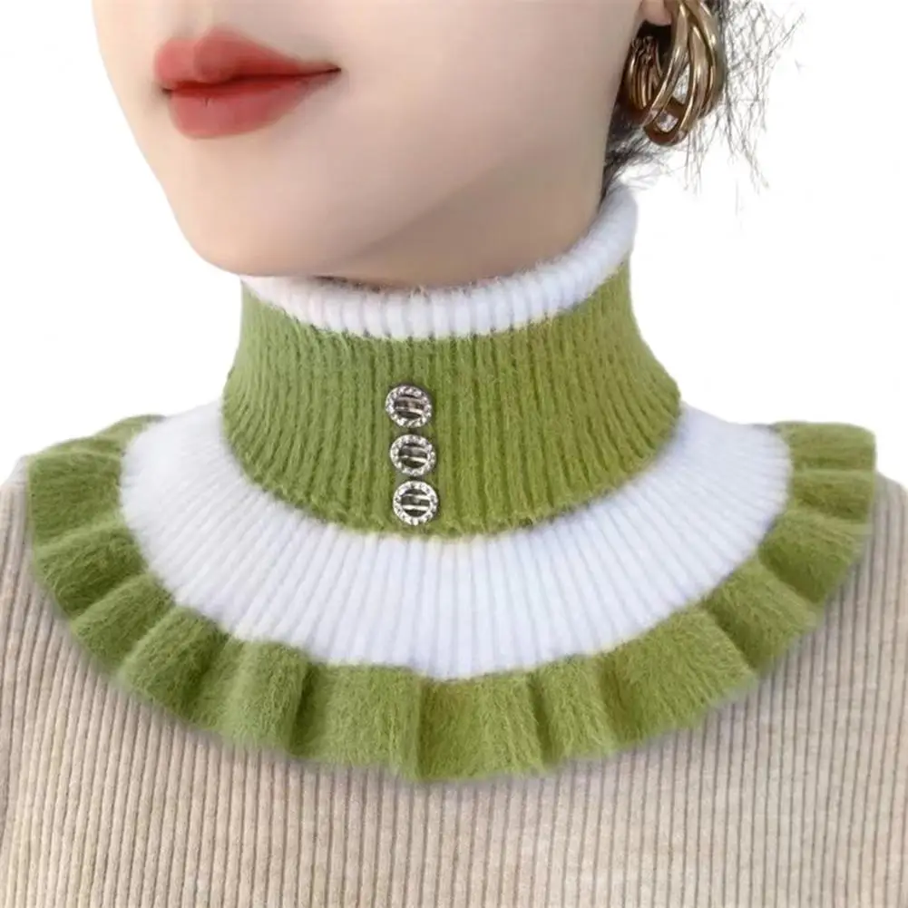 Women Winter Scarf Fake High Collar Ruffle Rhinestone Decor Neckwear Knitted Warm Neck Protection Decorative Neck Warmer