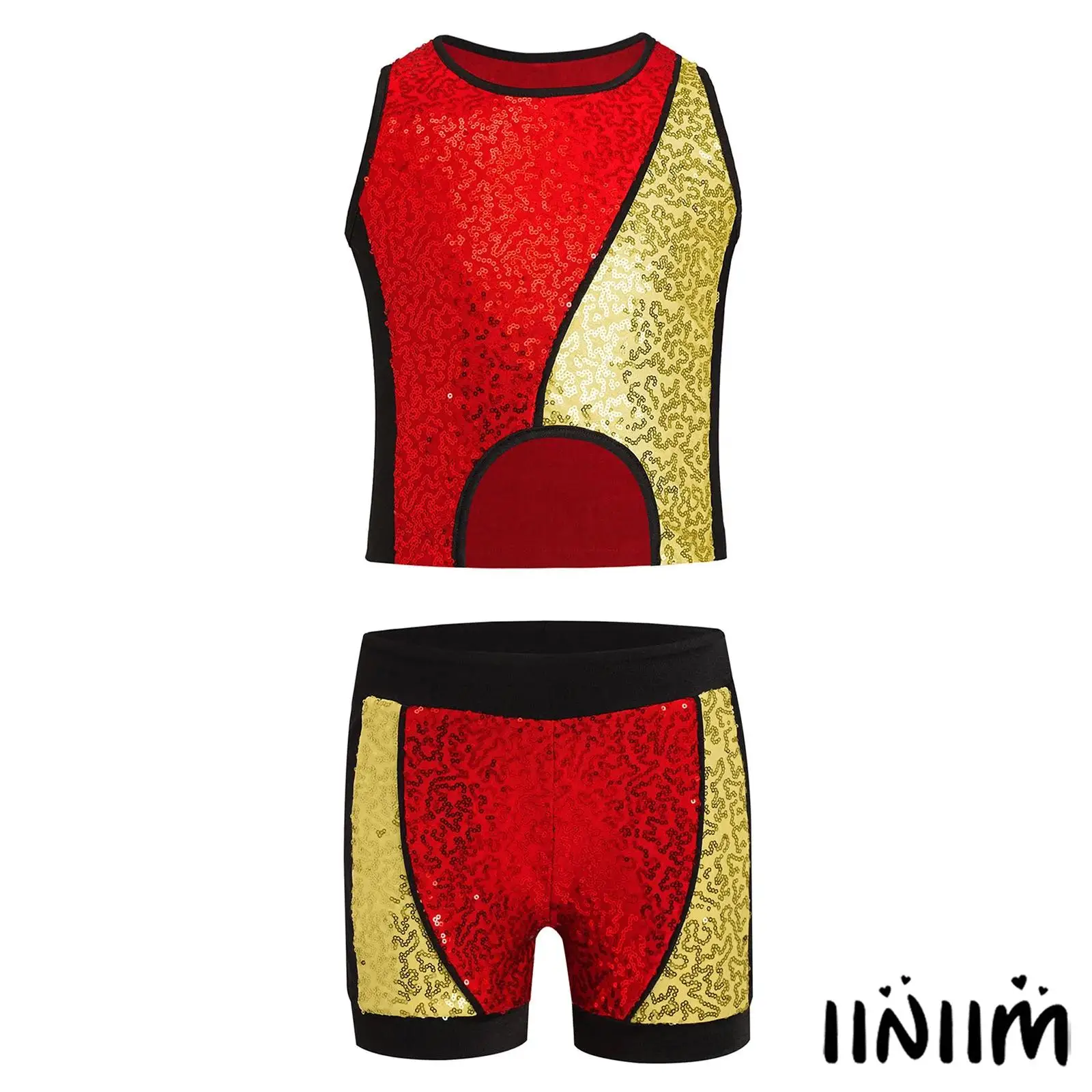 

Kids Girls Hip-Hop Jazz Dance Costume Color Block Patchwork Sparkly Sequins Tank Top Asymmetrical Hem Vest+Shorts Gymnastic Set