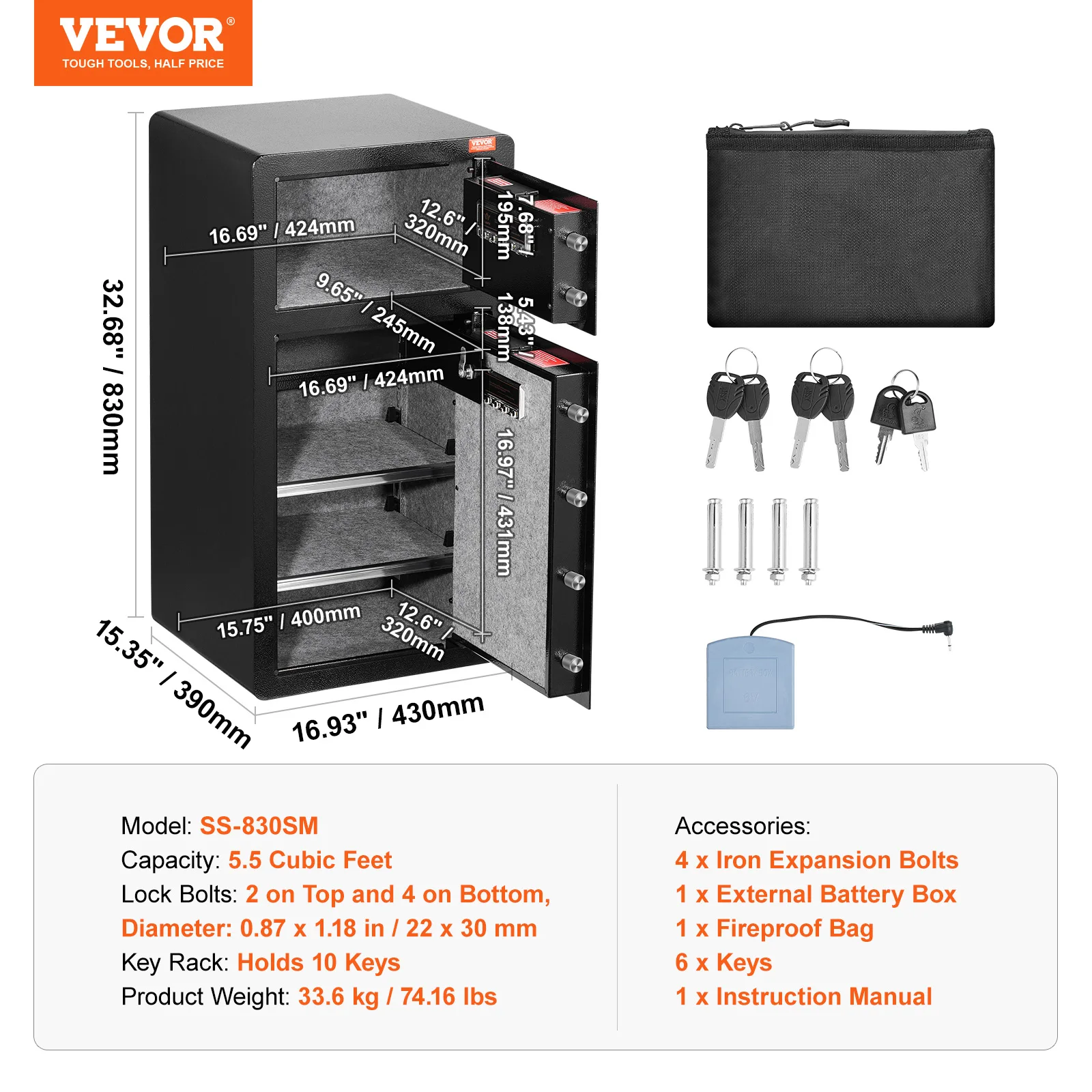 SucceBuy Enkele deur 4,0 cu.ft kluis met sleutelslot Wachtwoord en vingerafdruk Safe Lock Box met vuurvaste tas Sleutelrek en LED-licht