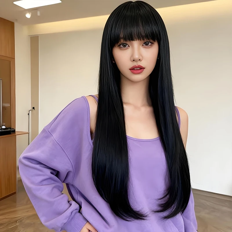 28-inch synthetic black long straight-haired wig with fringe, designed for women’s everyday styling
