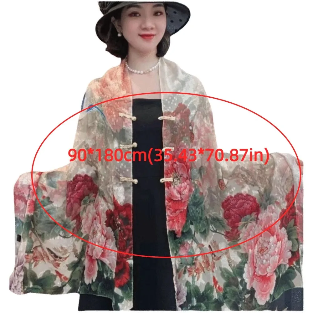 Casual estilo retro fivela impresso xale protetor solar high-end sentimento senhora lenço de seda flor estilo chinês tudung cachecol ao ar livre