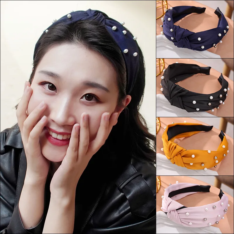 Korean Minimalist Solid Color Pleated Wide Headband Women Luxury Imitation Pearl Beaded Hair Hoop Twist Knotted Styling Hairband