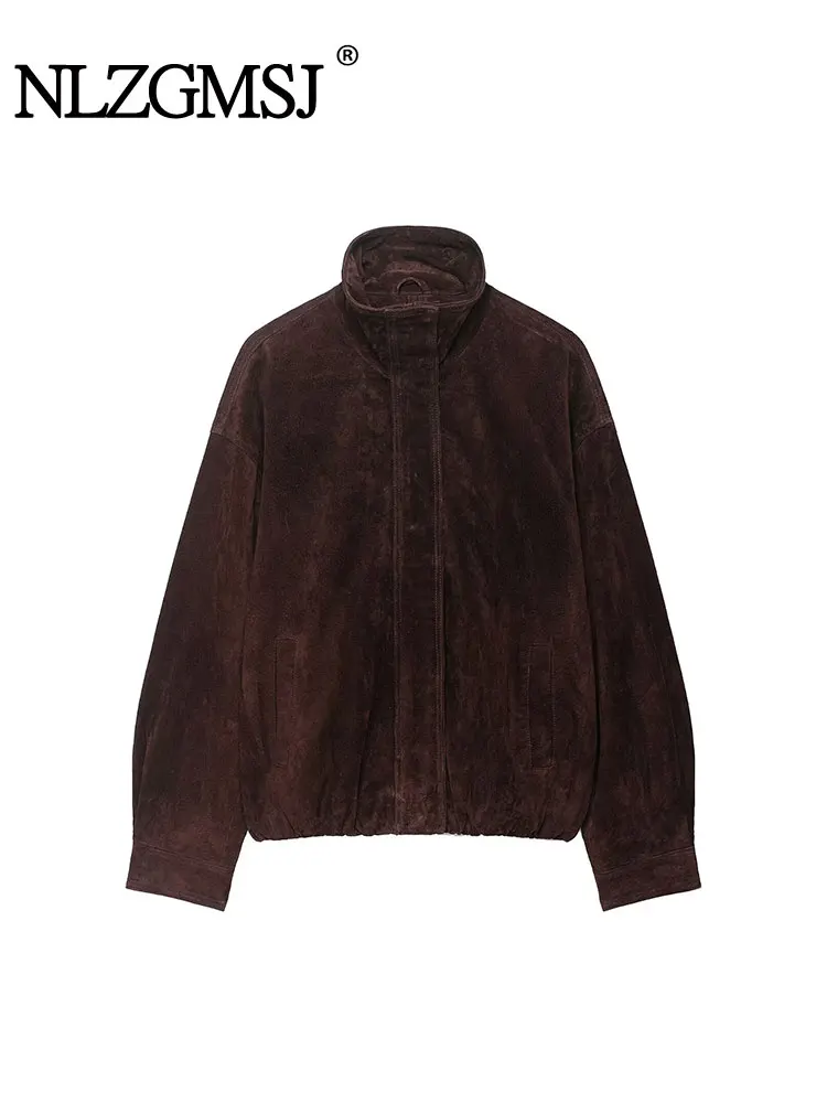 

NLZGMSJ Women's Casual Suede Bomber Jackets Long Sleeve Autumn Winter Coats Fashion Streetwear Zipper Outwear