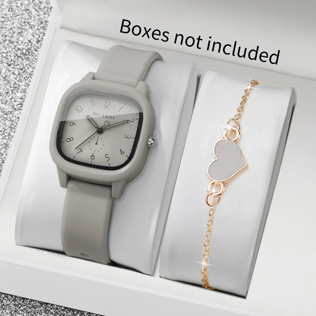 2PCS Fashion Arabic Square Women Watch Heart Bracelet Set Silicone Strap Ladies Quartz Wristwatches Relogio Feminino(Without Box