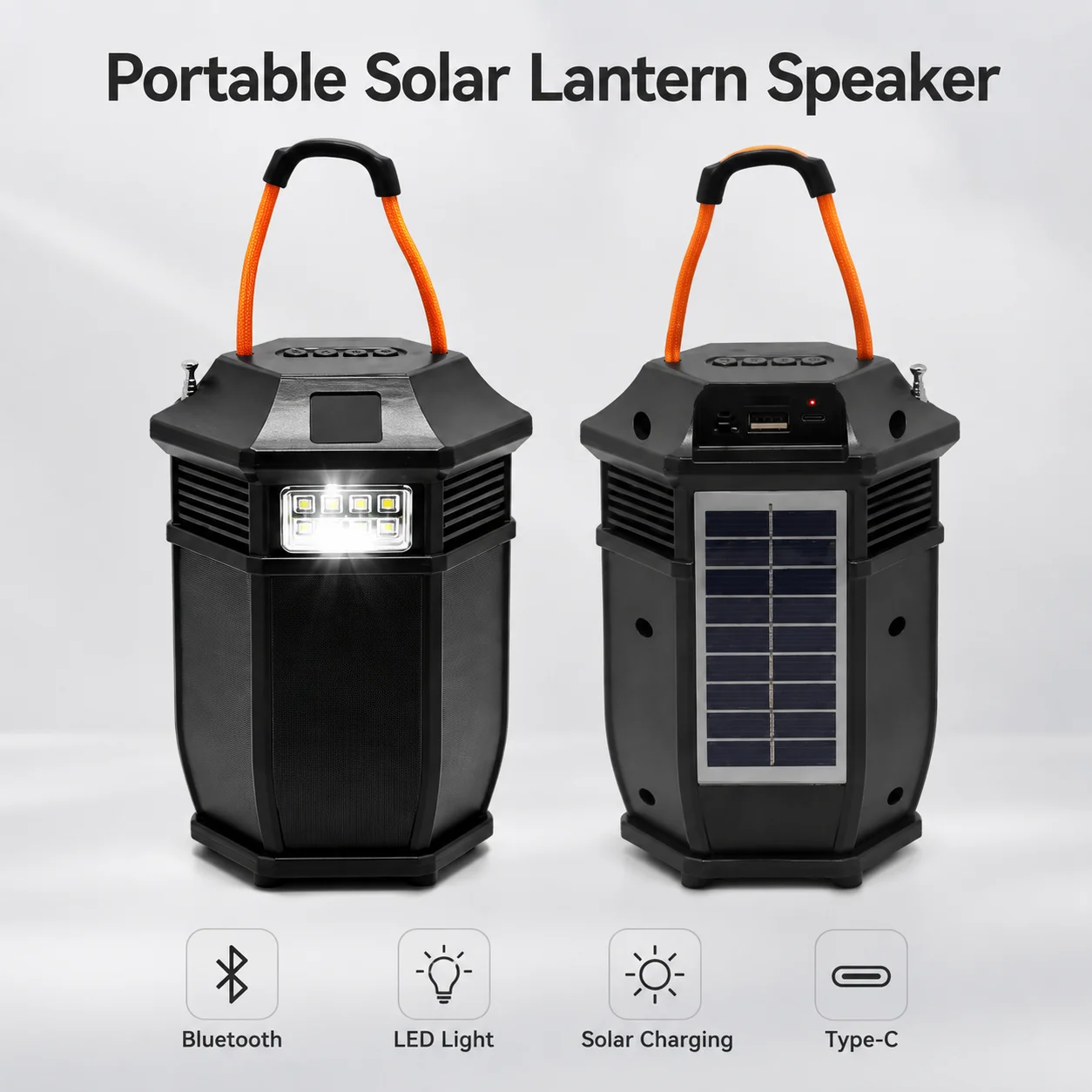 Portable Solar Lantern Speaker 1200mAh Rechargeable Outdoor Camping Light with Bluetooth 5W Speaker LED Emergency Lamp TF Card Type-C Charging Waterproof Hanging Camping Gear for Hiking Travel