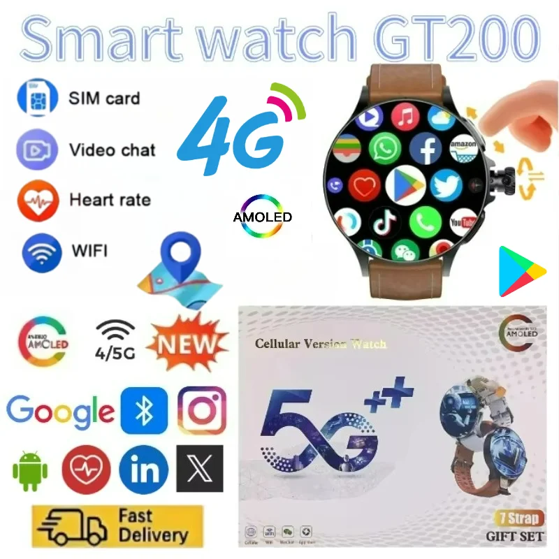 New GT200 4G Smart Watch Video Chat 128GB Memory WIFI SIM Card NFC Sports GPS Positioning Heart Rate 4G Andriod Watch Men Women