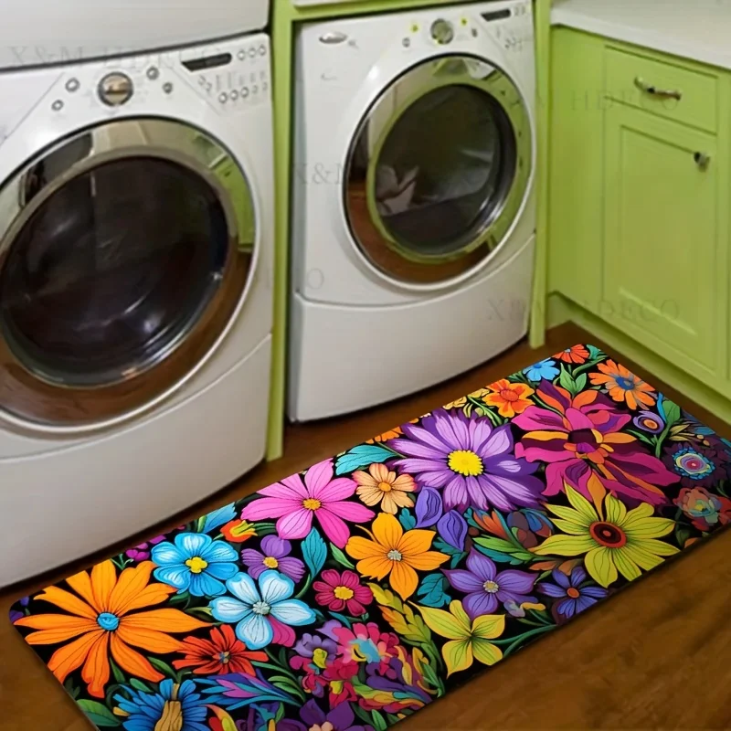 VIKAMA Lebendige Blumen-Küchenmatte, Plüsch-Polyester, florale Teppiche, Nachttisch-Teppiche, Wäschezimmer, Bodenteppich, Eingangs-Fußmatte, Zuhause