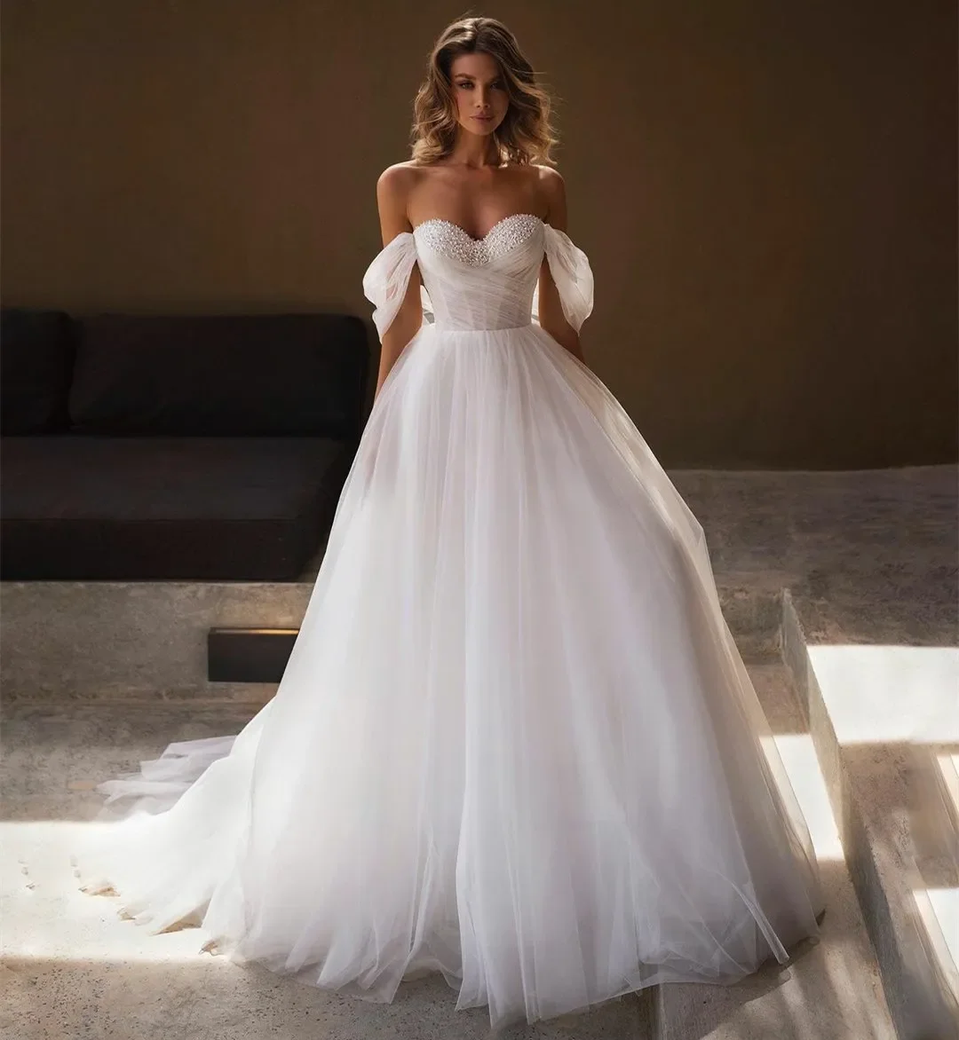 

Elegant Off Shoulder A Line Wedding Dresses Pleats Tulle Sweetheart Pearls Vestidos de Novia Abendkleid Bridal Gowns For Women