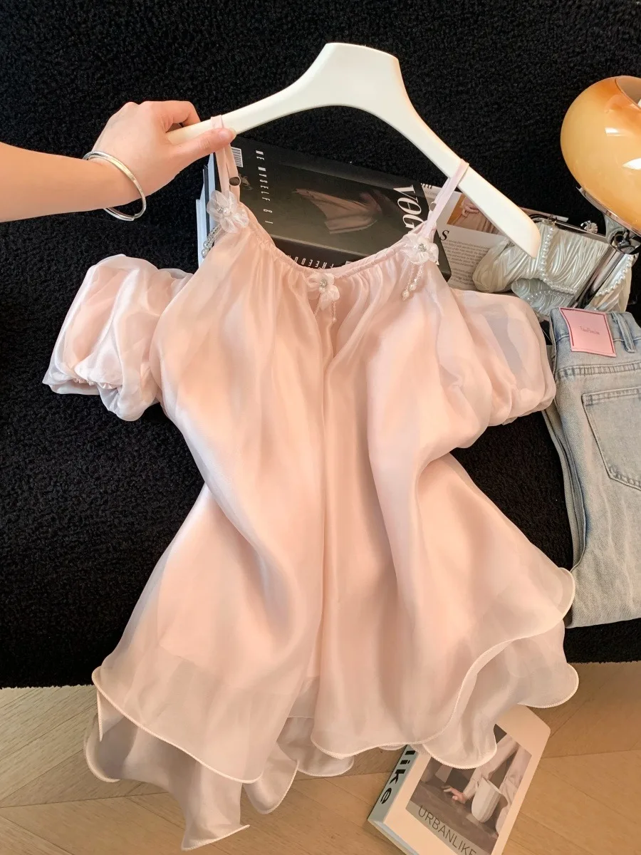 

Sexy Shoulder Bared Chiffon Top Women's Summer New Pure Desire Design Sensual Three Dimensional Flower Beautiful Small Top