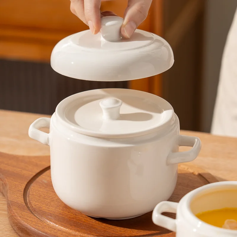 Ceramic Stew Pot with Lid Double Handles Soup Pot for Steaming Egg Home Kitchen Cooking Tool