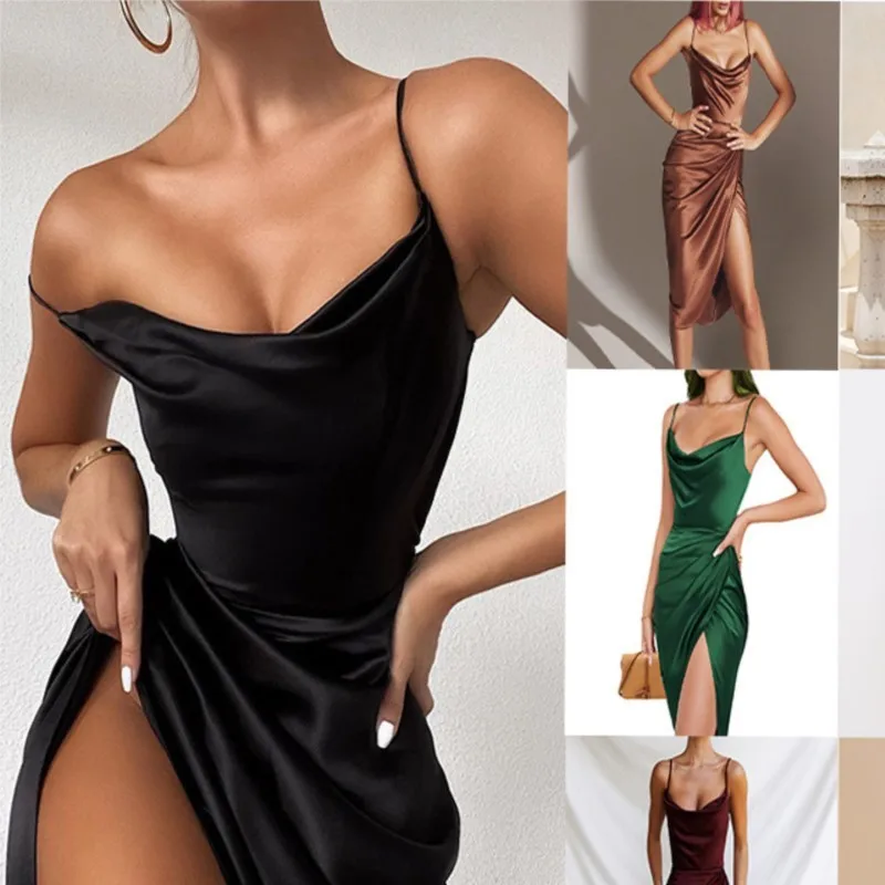 

2024 Fashion Ruched Satin Summer Dress Drawstring Spaghetti Straps Cowl Neck Backless Long Dresses for Women Party Sexy Vestidos