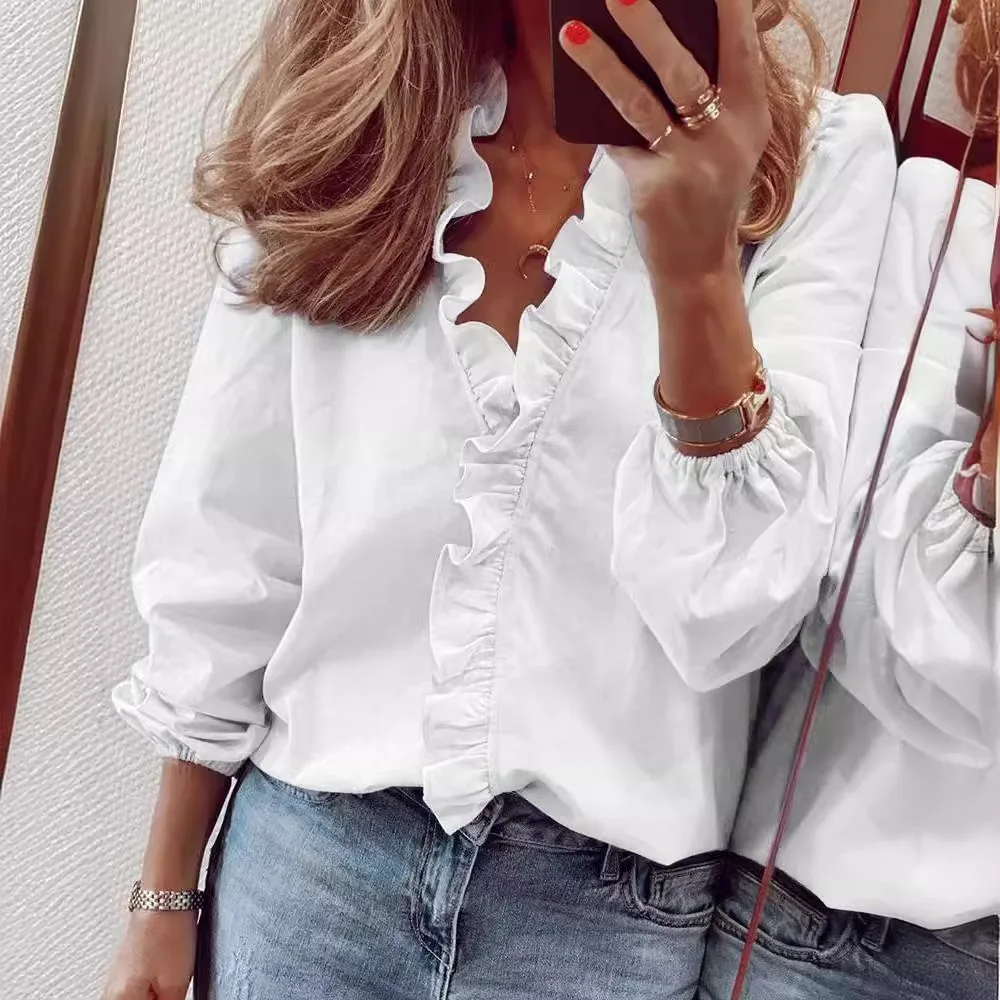 Spring and summer long sleeved solid color lotus leaf edge lantern sleeve casual pullover lotus leaf collar shirt women's shirt