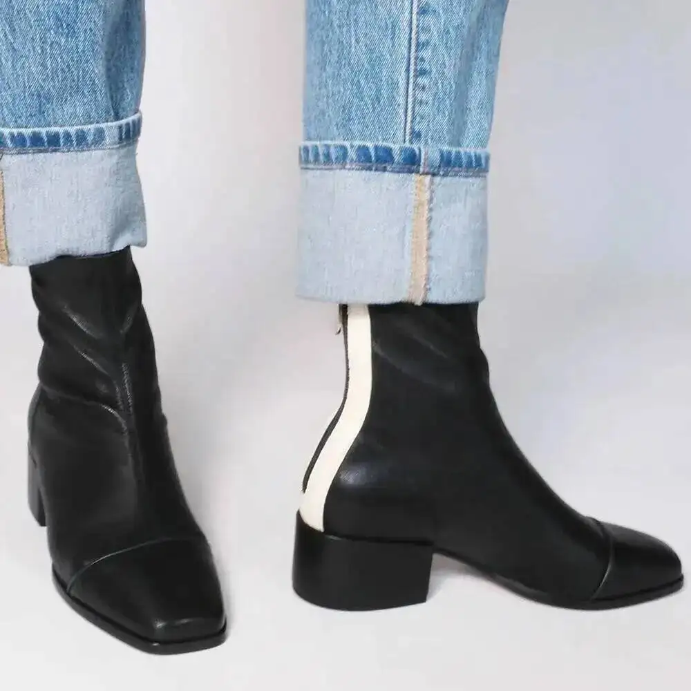 

Colorblock Women Ankle Boots British Style Boots Square Toe Chunky Heels Short Booties Ith Back Zipper