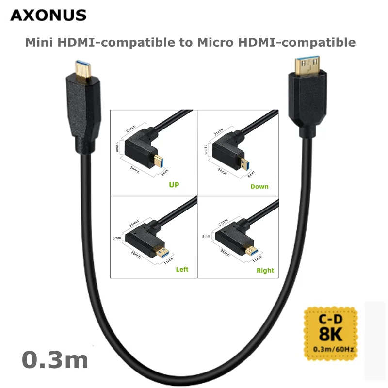 30cm C-D 2.1V 8K 60Hz 4K120Hz 1080P 3D Mini HDMI-compatible to Micro HDMI-compatible with Elbow Data Cable