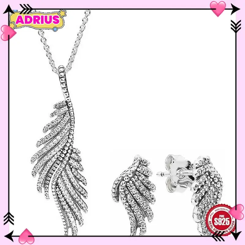 

Authentic 925 Sterling Silver Majestic Feathers Earring Necklace With Crystal For Women Jewelry Set Gift