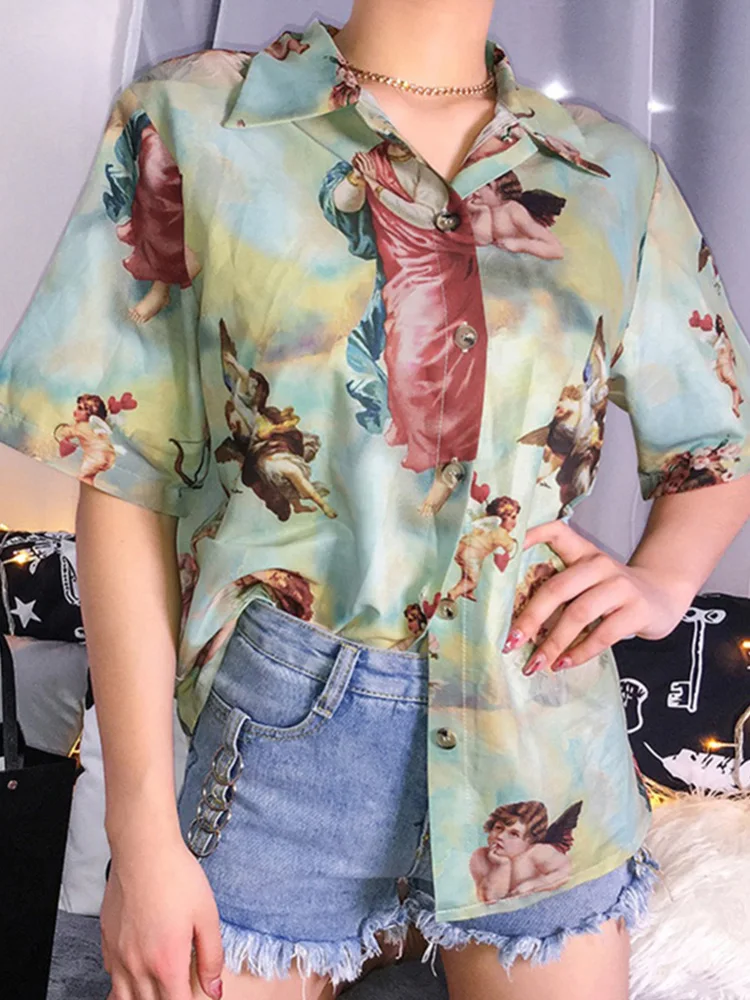 Vintage Aesthetic Cupid Angel Print Women\' Blouse Shirt Cardigan Short Sleeve Summer Top Graphic Blouse Women Clothes 2024 New