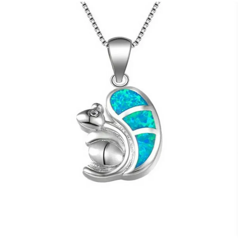 Squirrel Blue Simulated Opal Pendant Necklace Zinc Alloy Romantic Cute Design Period Tracker Necklace