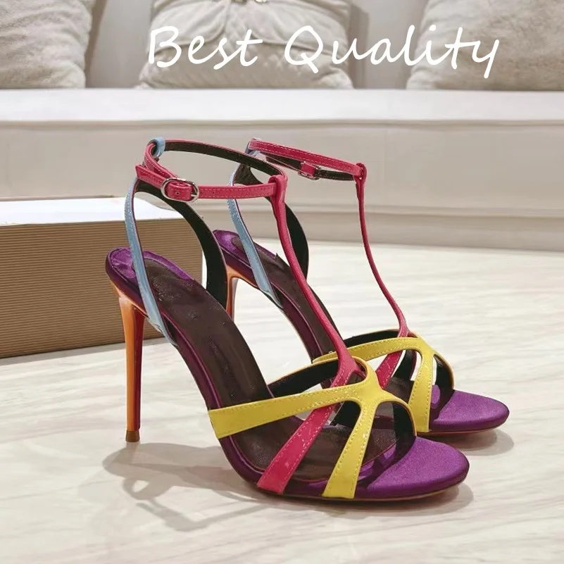 

2024 New Women's High Heels Crystal Shoes Open Toe Genuine Leather Party Dress Wedding Shoes Cross decoration Top Quality