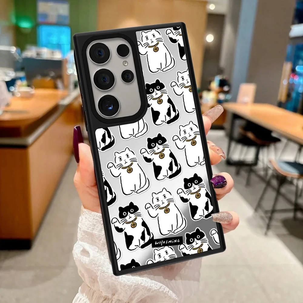 Line Cartoon Cat Sticker Pattern Mirror Surface Magnetic Phone Cover for Samsung Galaxy S23 S24 S25 S26 Ultra S26+ Plus Case