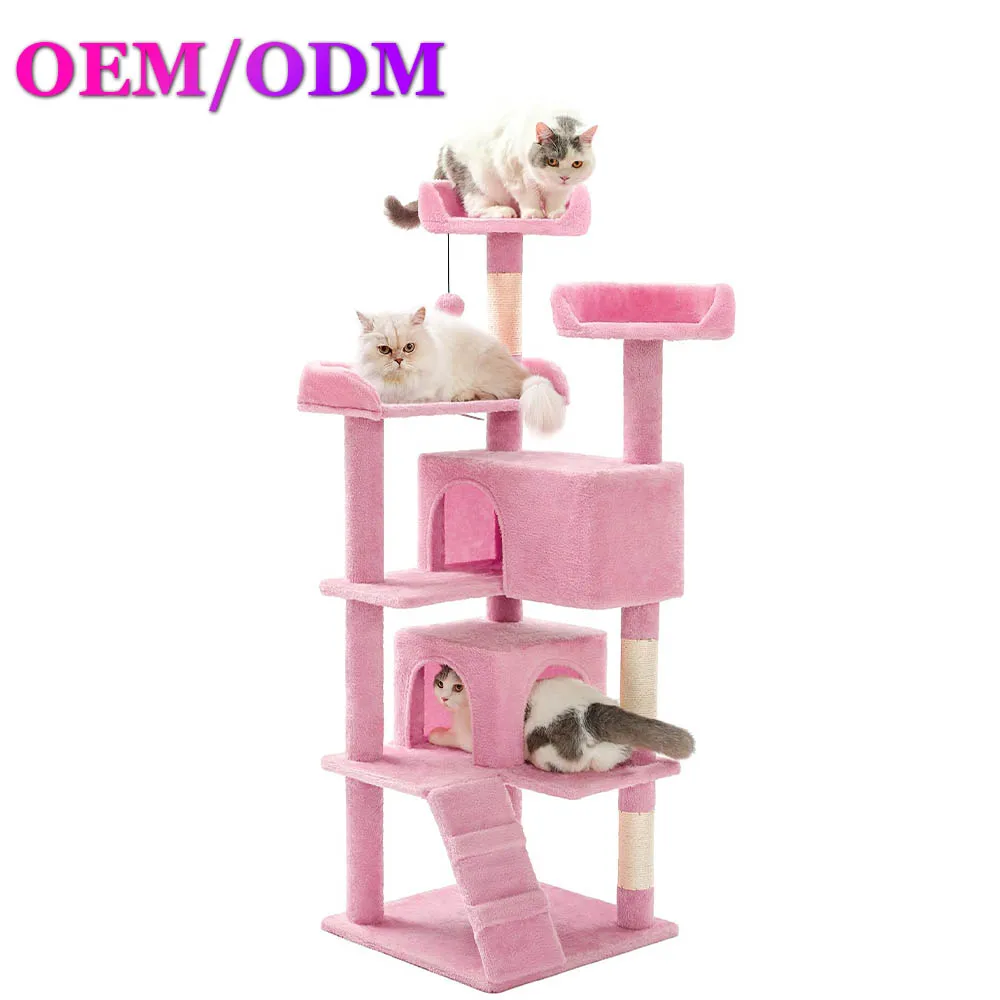 Modern Eco-friendly Wood Cat Condo for Indoor Use Multi-Level with 2 Scratching Posts and Fun Toys (Pink)