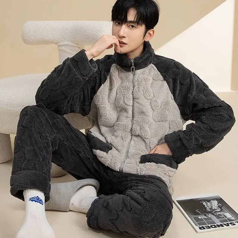 Warm Flannel A Loungewear Set Can Be Worn Outside Men's Pajamas Coral Fleece Autumn and Winter Zipper Thickened Long Sleeves