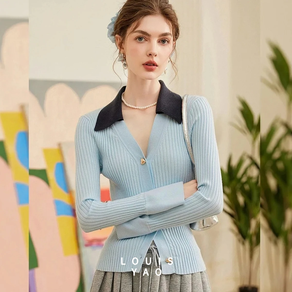 LOUISYAO Turn-down kraag contrasterende kleur vest 2025, lente tops, enkele rij knopen, gebreide trui, lange mouwen, damesgebreide kleding