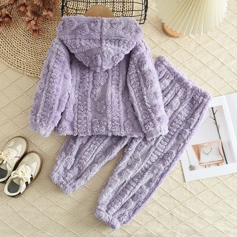 Casual Warm Pajamas Suit Purple Flannel Jacquard Top+Pants 2-piece Set Autumn/Winter Home Hooded Girls Clothes Soft Kids Outfits