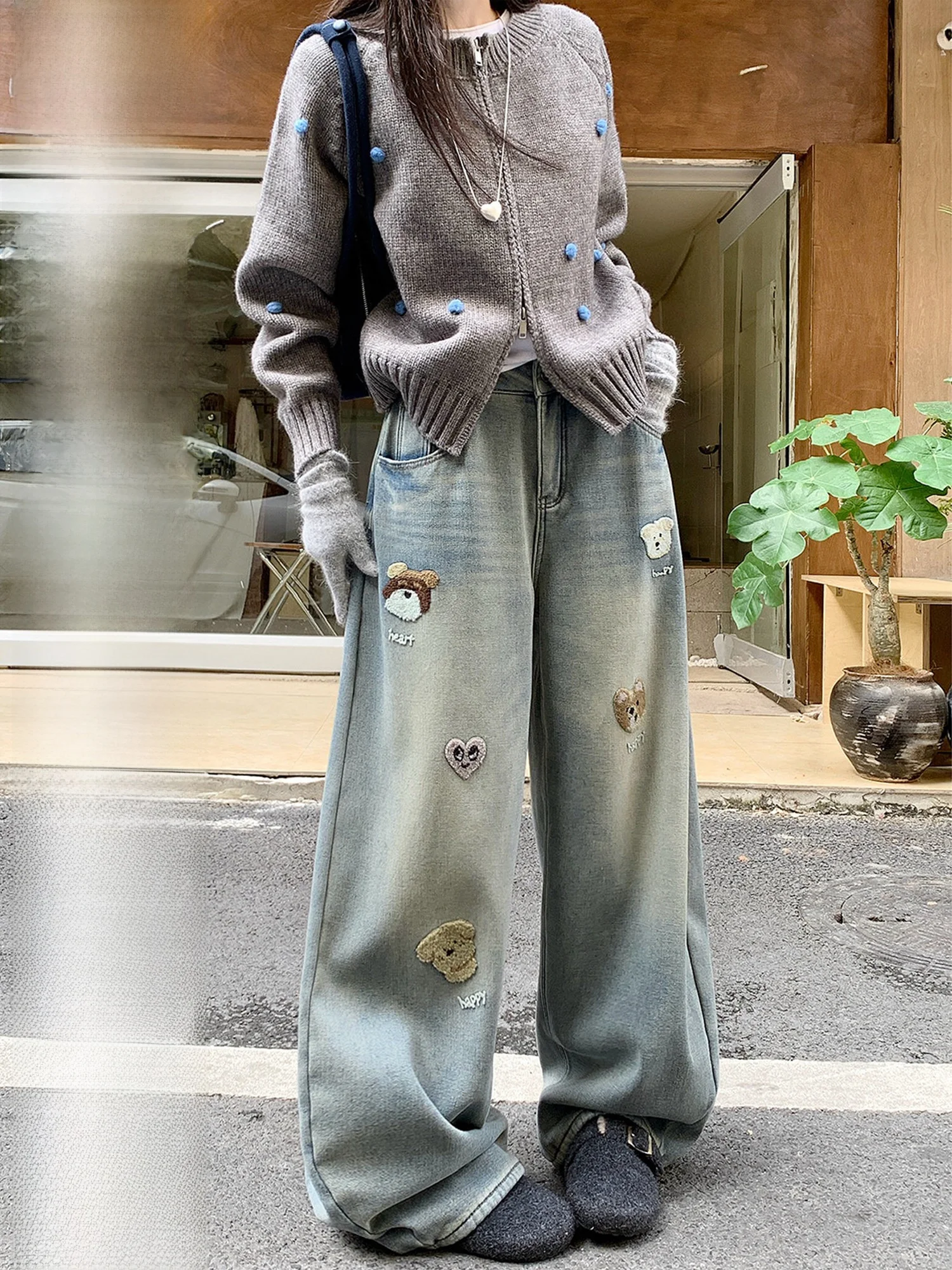 

plus Size Women's Beautiful Dog Embroidery Jeans Loose Straight Leg Wide Leg Pants American Retro Sle Spring New Arrival