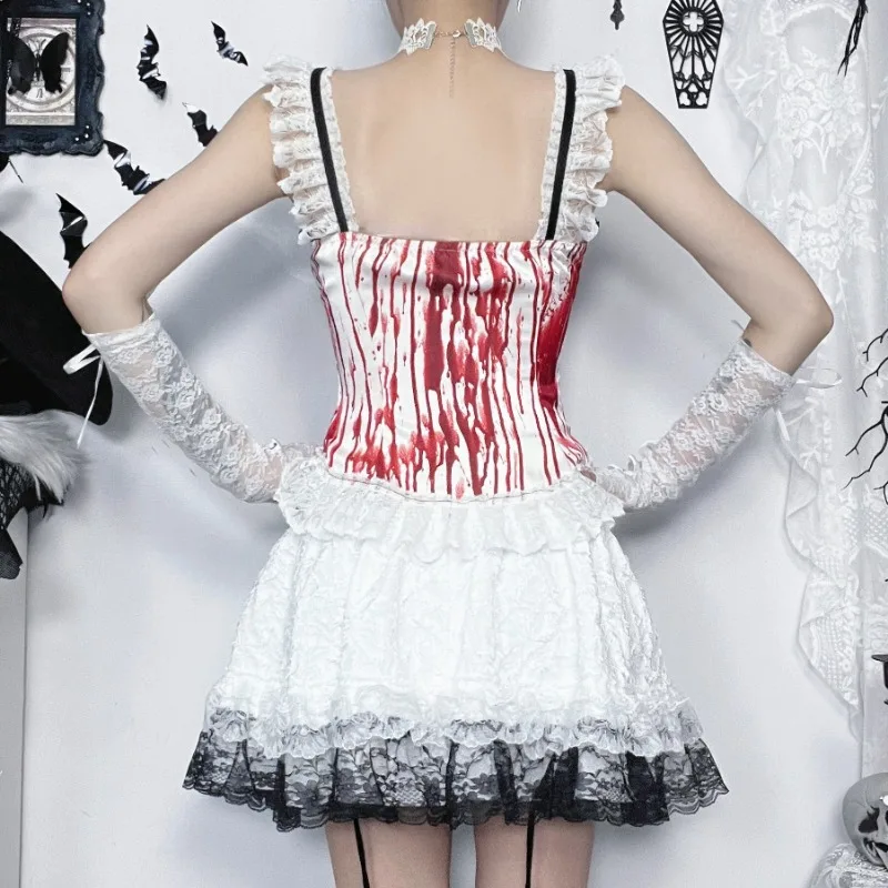 2026 New Vintage Women Halloween Blood Print Corset Tops Streetwear Spaghetti Strap Ruffle Lace Up Gothic Waistcoat Cosplay Vest