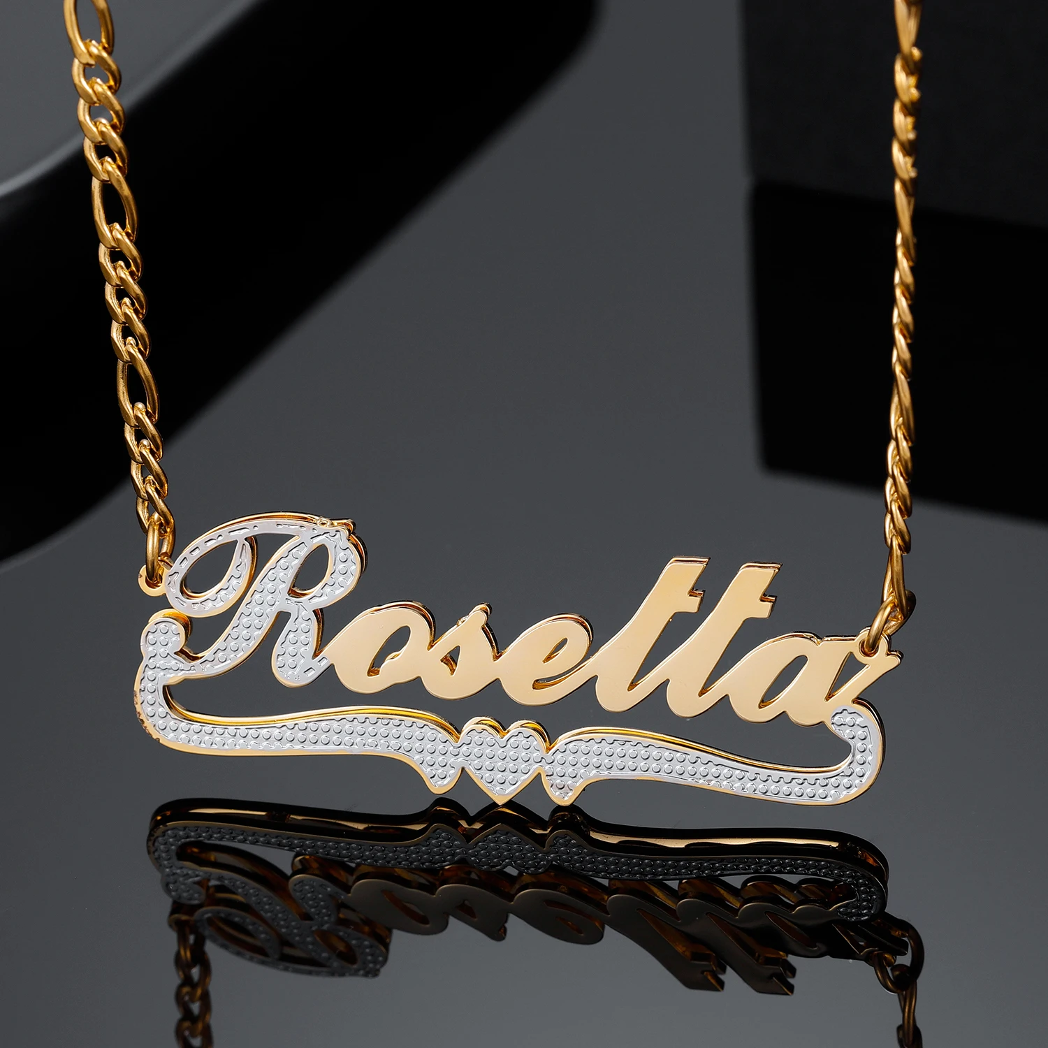 

Personalized Double Plate 3D Name Necklace with Heart Custom Two Tone Gold Plated Stainless Steel Necklace For Women Jewelry