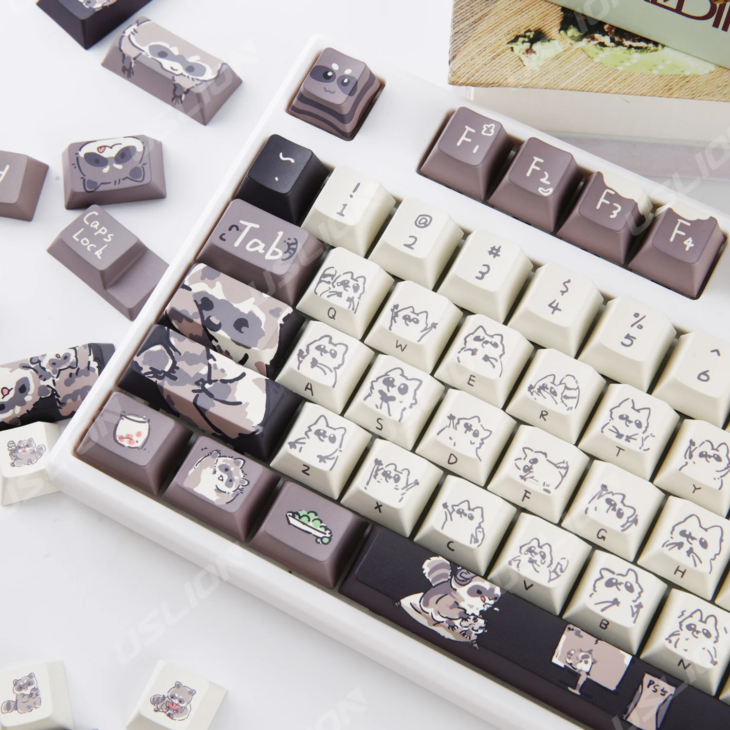 148 Keys MDA Cherry Profile ISO Layout Keycaps Raccoon Theme PBT Side-Printed Key Caps For Mechanical Keyboard Custom DIY Kit