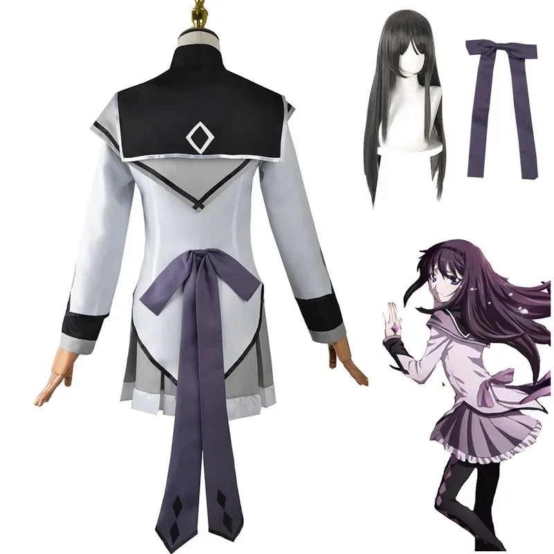 Anime Puella Magi Madoka Magica Cosplay Akemi Homura Cosplay Costume Short Skirt Jk Uniform with Bowknoles Wig Halloween Party