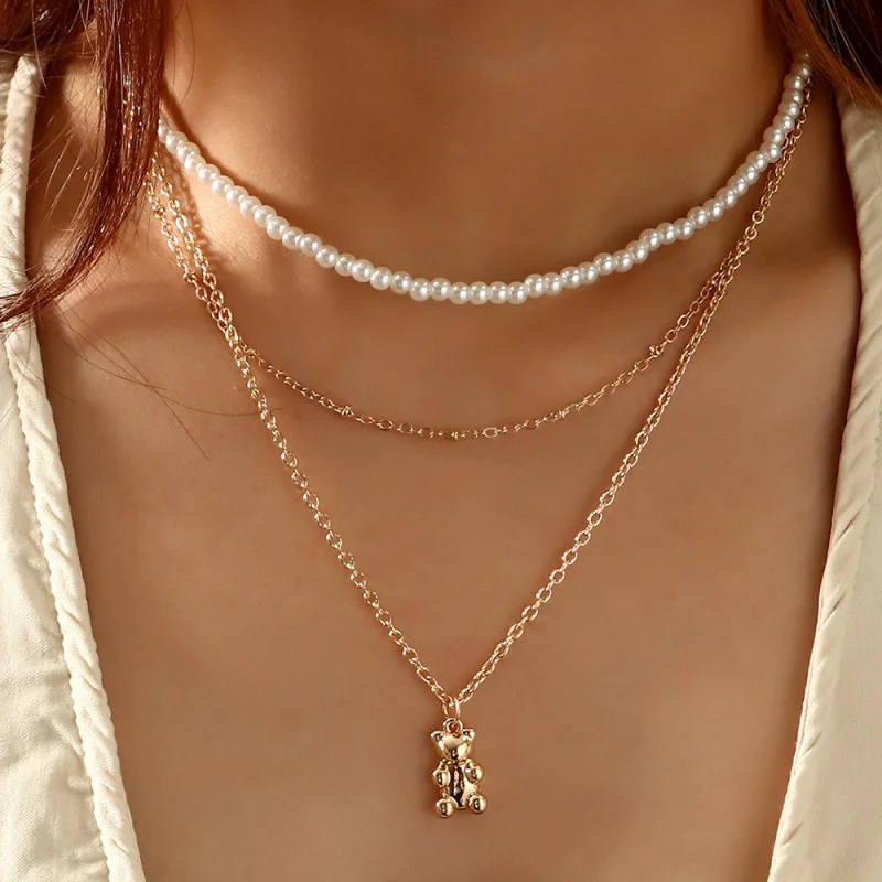 1pc Sweet Bear Pearl Pendant Necklace – A Delicate Token of Cuteness & Elegance, Ready to Charm.