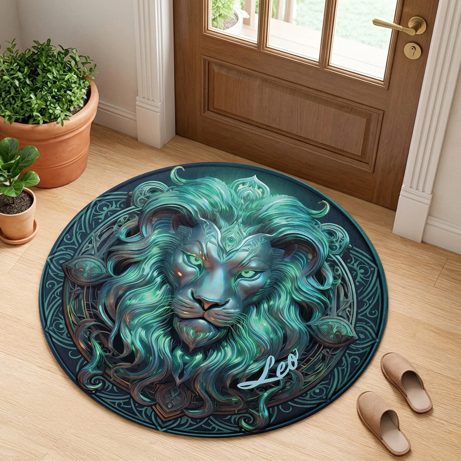 Leo Zodiac Sign Lion Head Astrology Teal Green Mane Vintage Mandala Pattern Holiday Luxury Round Mat Area Rug Home Decor