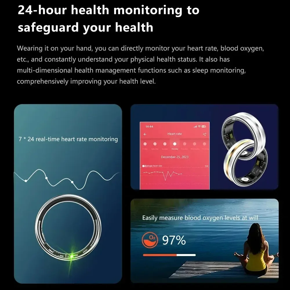 Neuer multifunktionaler gesunder Smart-Ring, Herzfrequenz, Blutsauerstoff, Schlafüberwachung, Fotosteuerung, Sport, digitaler Ring für Männer und Frauen