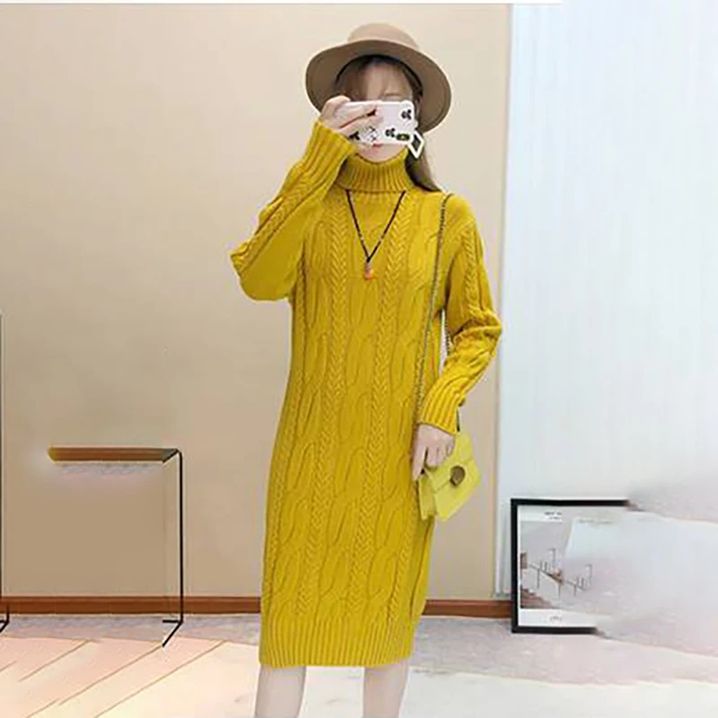 Autumn And Winter New Double Velvet Highnecked Over-the-knee Sweater Female Loose Long Sweater Long Skirt With Thick Coat Female