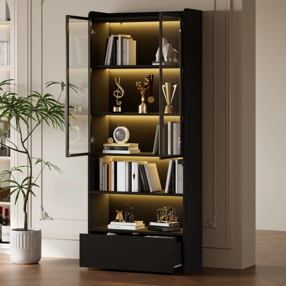 Vitrine Ye 80*34*180cm, Armoire haute avec 1 tiroir et portes vitrées, Vitrine en verre avec éclairage LED et cloison ouverte, Meuble de rangement sur pied, Meuble de salon avec portes vitrées, Noir