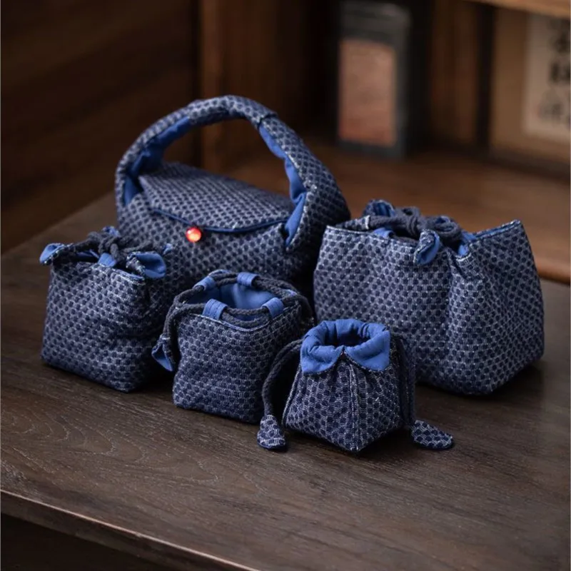 Deep Blue Circular Pattern Tea Storage Bag Purple Clay Ceramic Cup Master Cup Tea Pot Hand-held Tea Ceremony Storage Bag ZI527