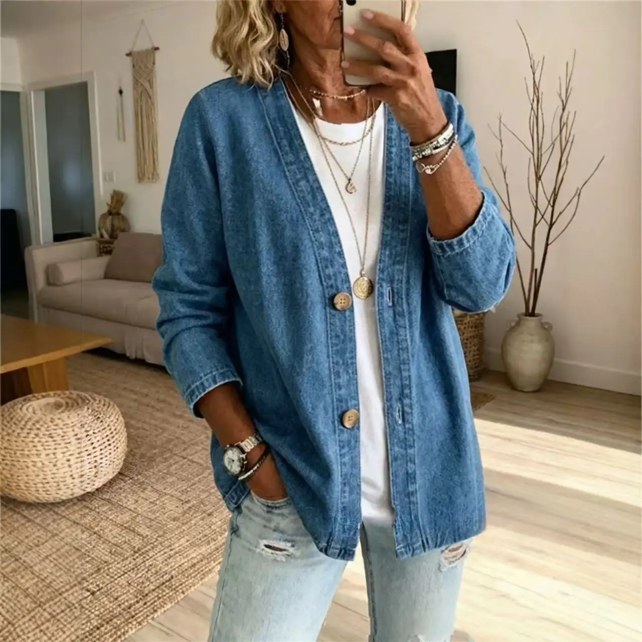 Women Spring Autumn Denim Cardigans Jackets Ladies Long Sleeve Single Breasted Casual Jean Coats view 3